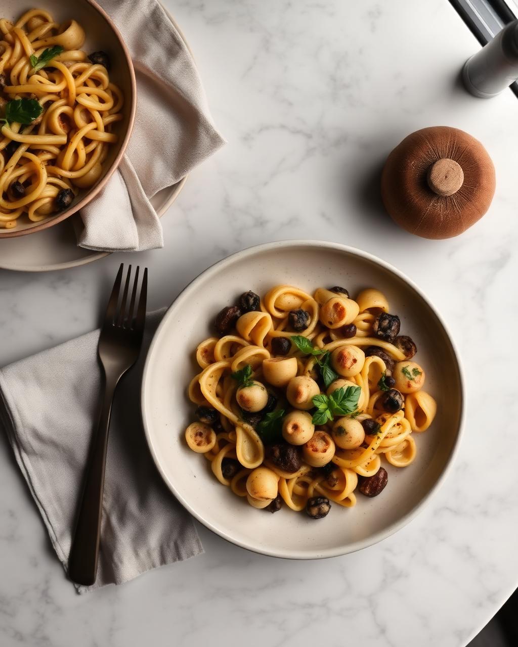 Orecchiette pugliesi servite su tavolo di marmo